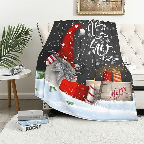 Christmas Throw Blanket, Merry Christmas Gnome Xmas Gifts Winter Snowflakess, Living Room/Bedroom/Sofa Couch Warm Soft Bed Flannel Blanket for Children Adults All Season 80"X60"