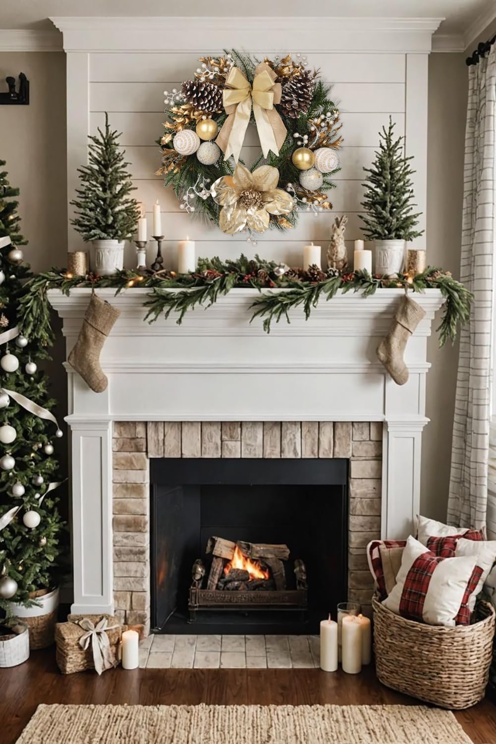 24” Champagne Christmas Wreaths for Front Door with Magnolia Fake Pearl, Christmas Door Wreath with Bow Golden Balls, Pine Needles Pine Cones for Home Wall Window Indoor Outdoor Xmas & Holiday Decor