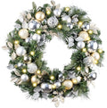 WANNA-CUL Pre-Lit 30 Inch Large Christmas Wreath for Front Door with 50 Led Lights,Champagne Gold Lighted Christmas Door Wreath Decor with Ball Ornaments, Battery Operated