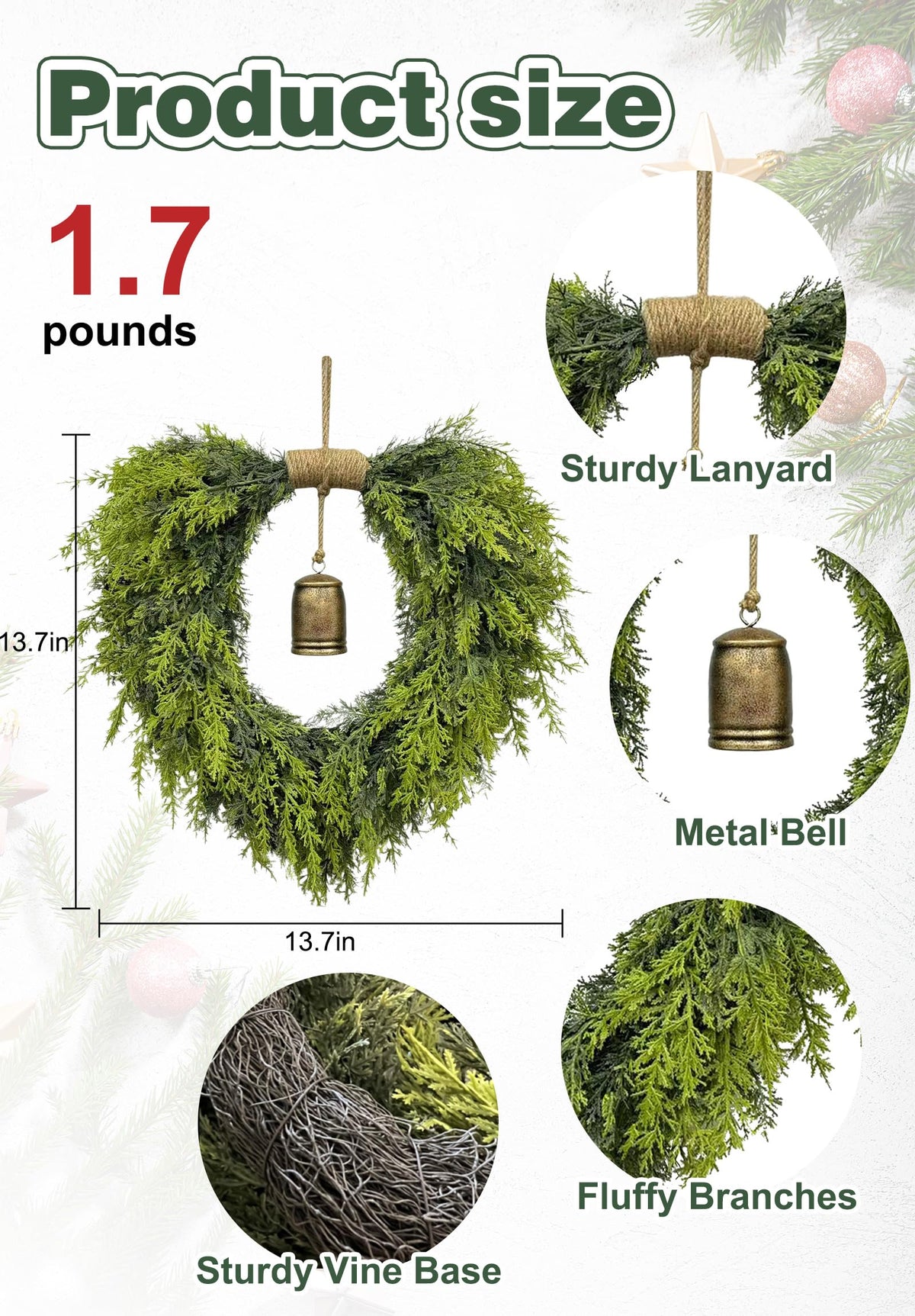 20" Heart-Shaped Wreath for Front Door – Faux Greenery with Rustic Bell – Waterproof & Fade-Resistant Christmas Decor for Porch, Holiday Wall or Indoor Use