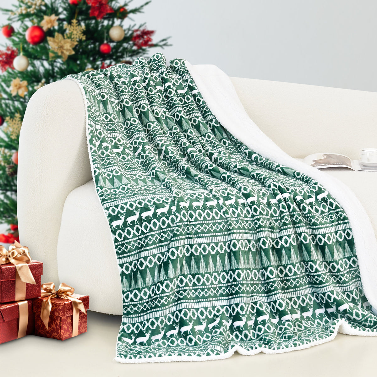 Mocassi Christmas Sherpa Throw with Flannel Fleece - 50 x 60 inches