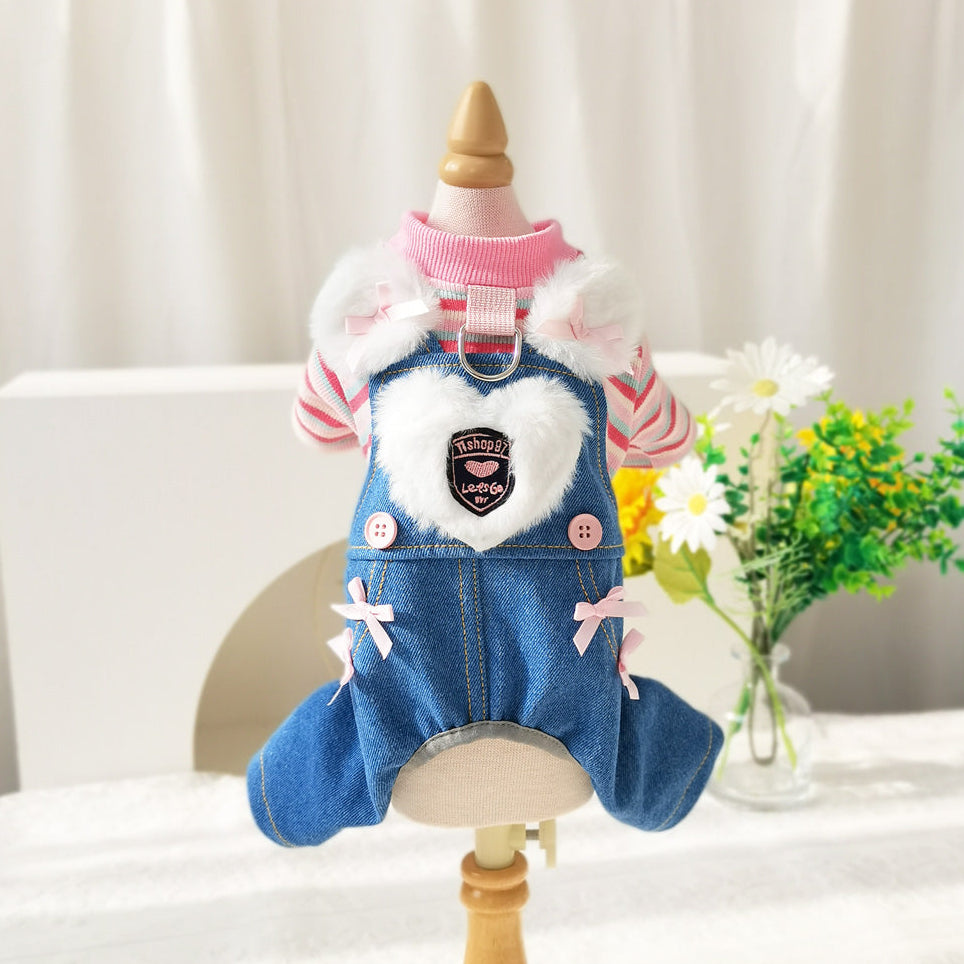 Fleece Sweet Heart Striped Denim Dog Jumpsuits
