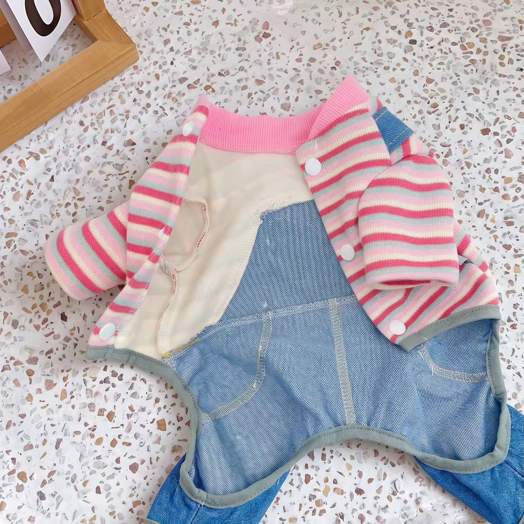 Fleece Sweet Heart Striped Denim Dog Jumpsuits