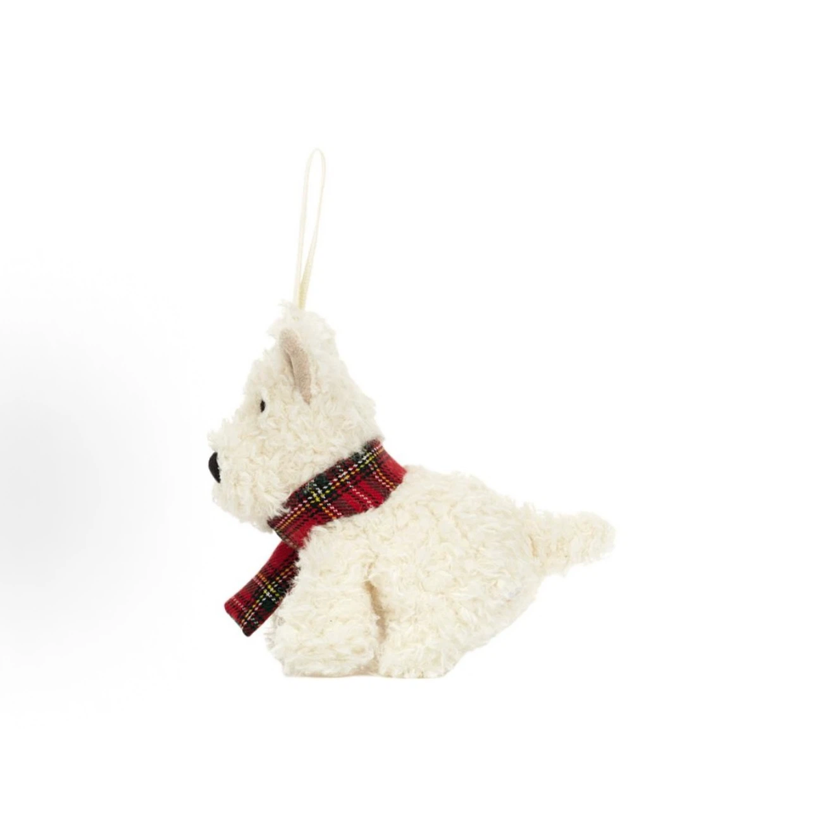 West Highland Terrier Christmas Ornament Plush, Mini Scottie Dog Hanging Decoration with Red Tartan Scarf, Festive Xmas Tree Ornament Gift
