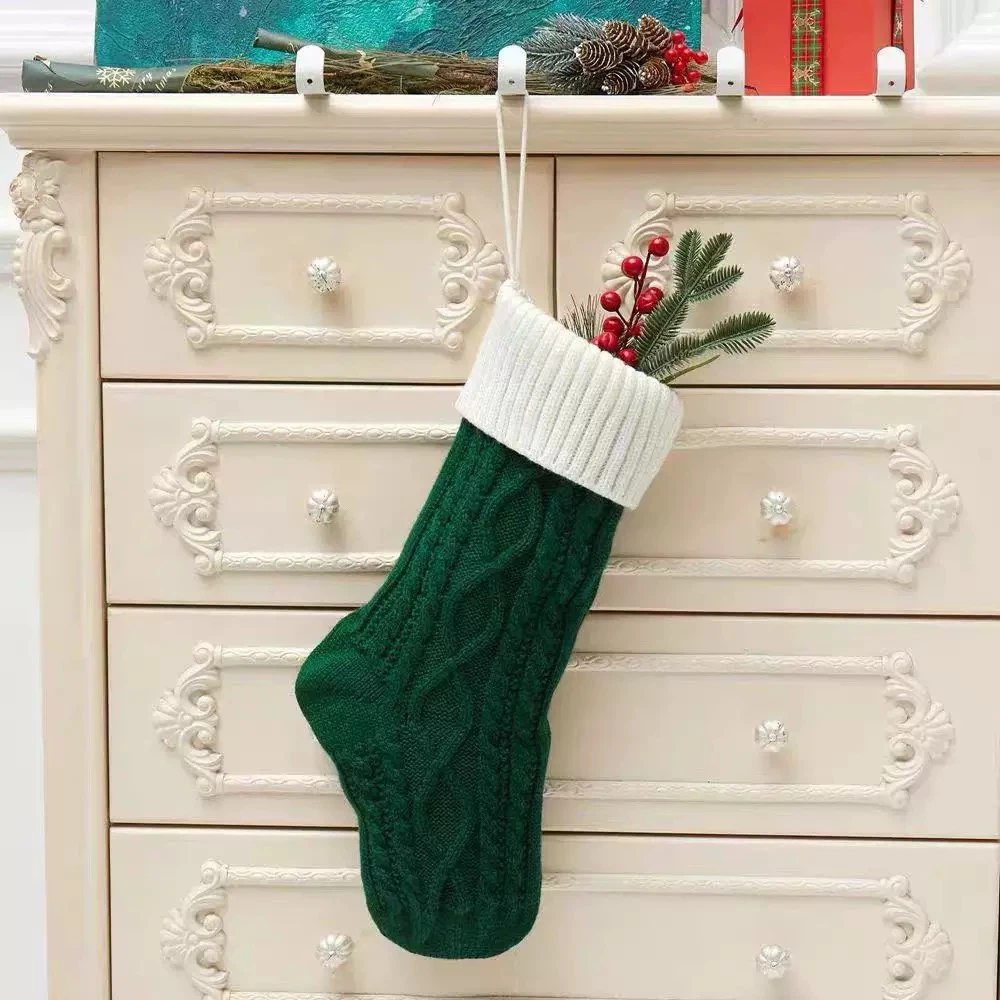 Green‑Body White‑Cuff Knit Christmas Stocking, Xmas Decor Sock  >