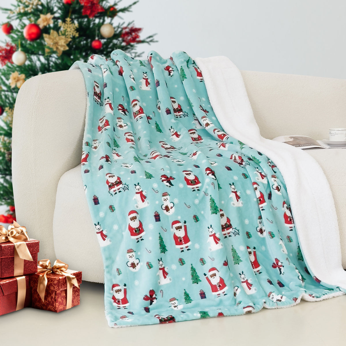 Mocassi Christmas Sherpa Throw with Flannel Fleece - 50 x 60 inches
