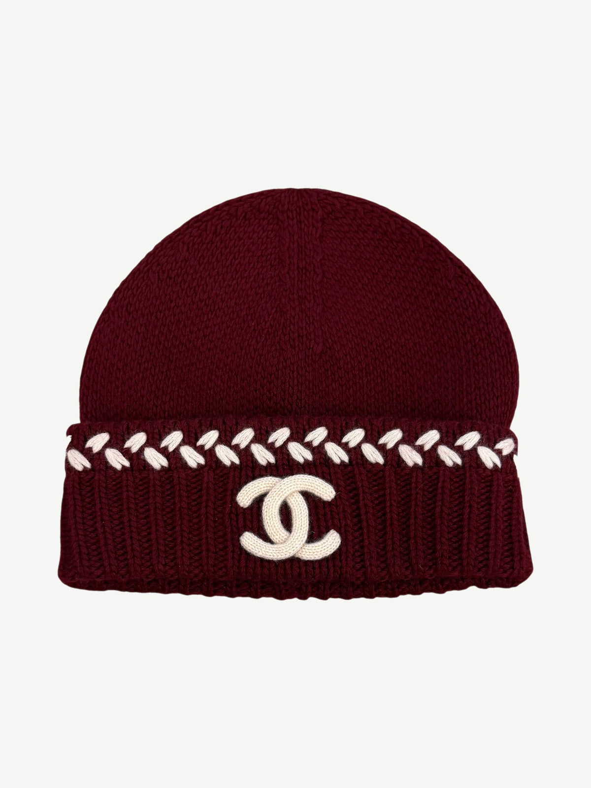 Chanel Maroon CC Embroidered Cashmere Beanie